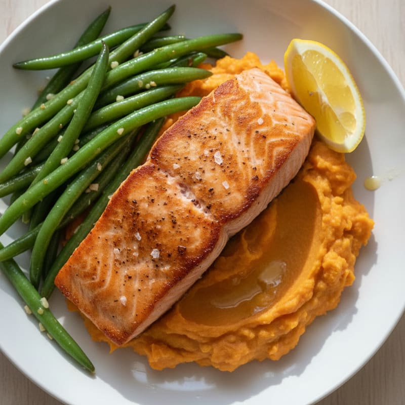 Seared Salmon with Garlic Green Beans and Sweet Potato Mash