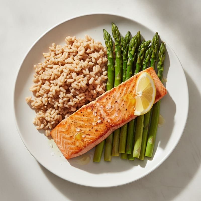 Seared Salmon with Steamed Asparagus and Brown Rice