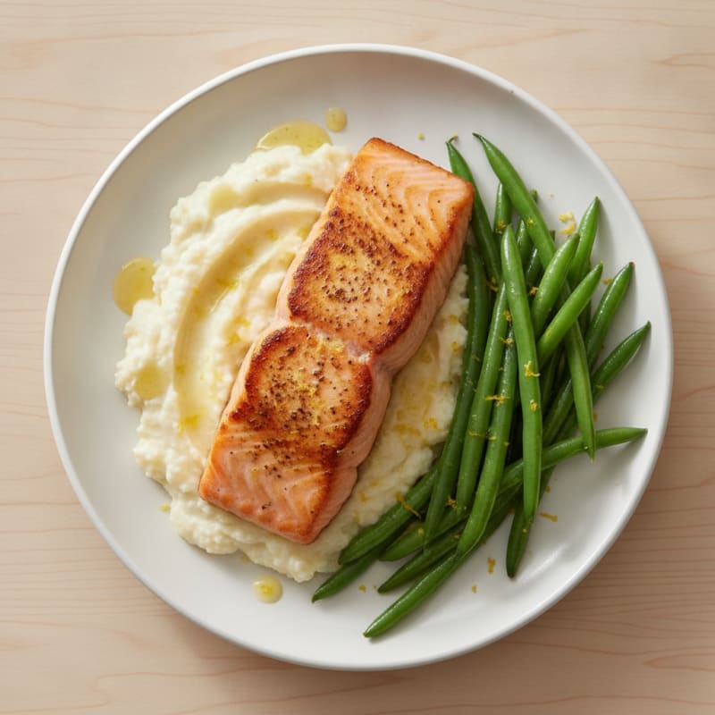 Seared Salmon with Steamed Green Beans and Garlic Mashed Cauliflower