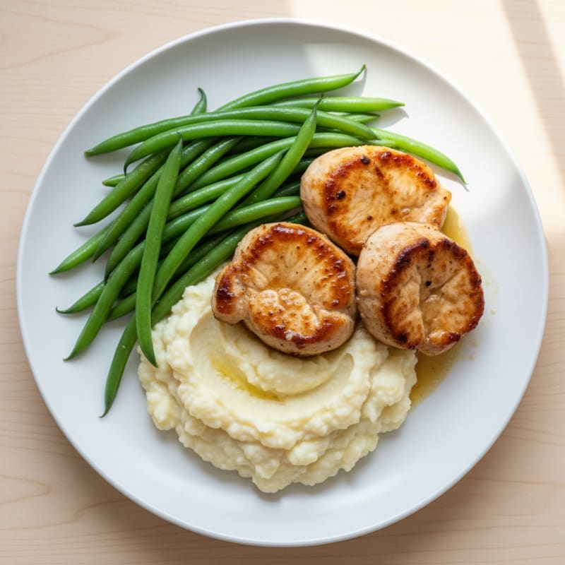 Seared Turkey Medallions with Steamed Green Beans and Cauliflower Mash