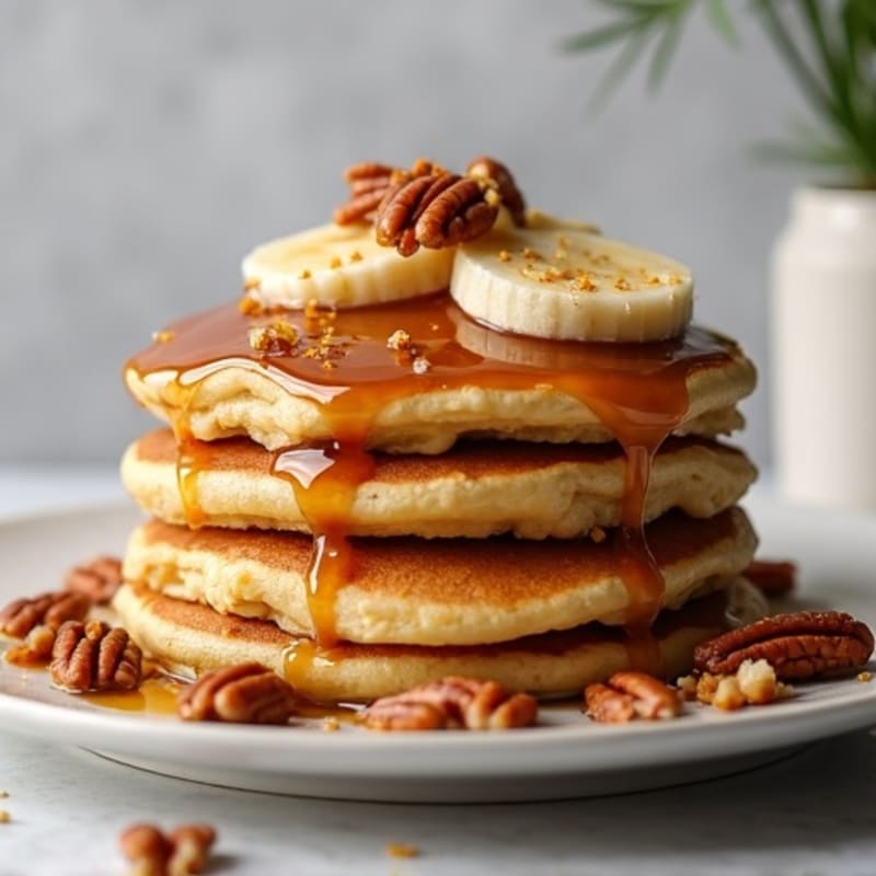 Fluffy Protein Pancakes with Warm Caramelized Banana and Crunchy Toasted Pecans