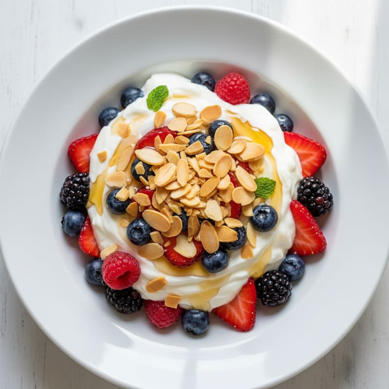 Greek Yogurt Parfait with Mixed Berries and Almond Crunch