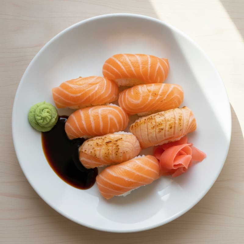 Salmon Nigiri with Wasabi and Soy
