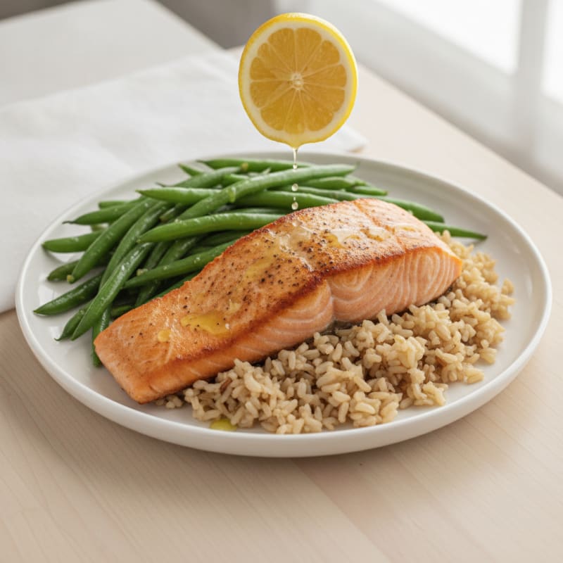 Seared Salmon with Steamed Green Beans and Brown Rice