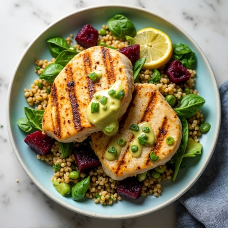 Grilled Chicken Breast with Quinoa Beet Salad and Creamy Avocado