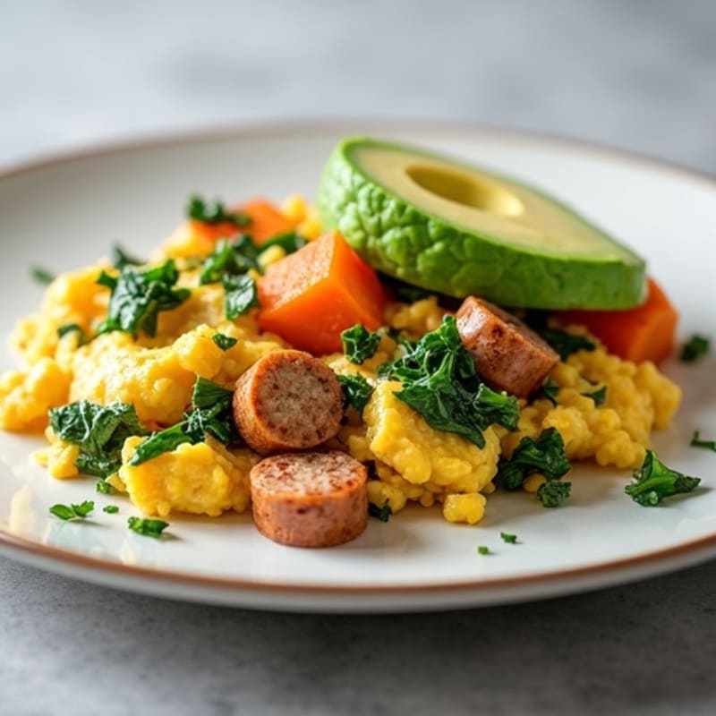 Egg White and Turkey Sausage Scramble with Spinach and Roasted Sweet Potato