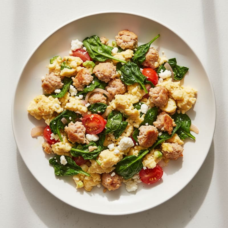 Egg White Scramble with Turkey Sausage and Sautéed Spinach
