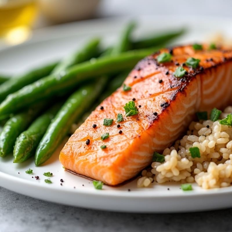 Seared Salmon Fillet with Garlic Green Beans and Brown Rice