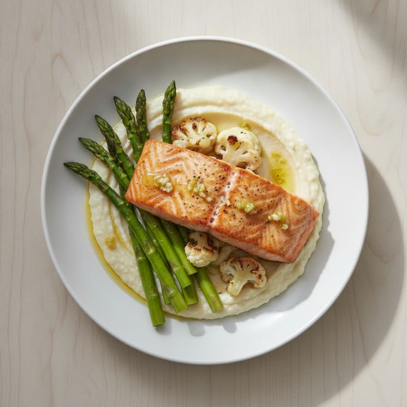 Baked Salmon Fillet with Roasted Asparagus and Cauliflower Mash