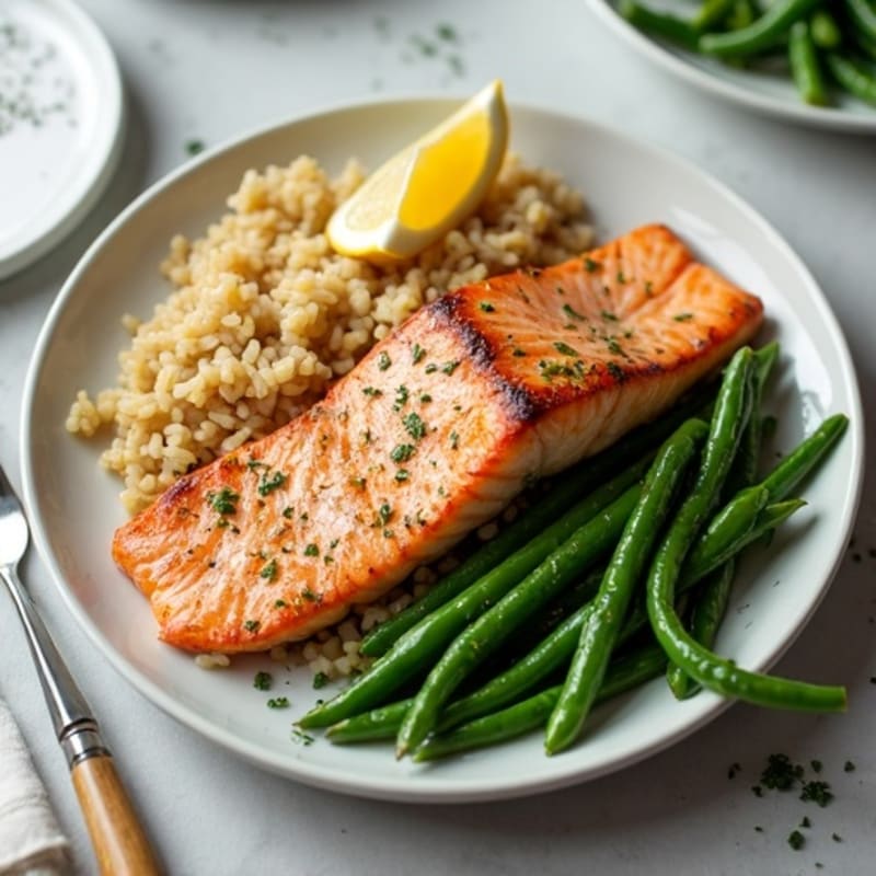 Seared Salmon with Steamed Green Beans and Brown Rice