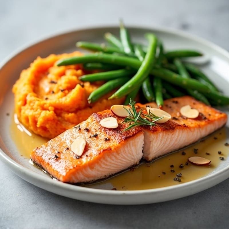 Seared Salmon with Garlic Green Beans and Sweet Potato Mash