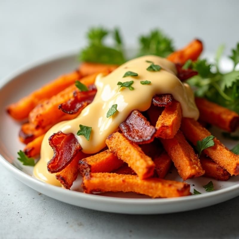 Crispy Roasted Sweet Potato Fries with Lean Bacon and Creamy Cheddar Sauce