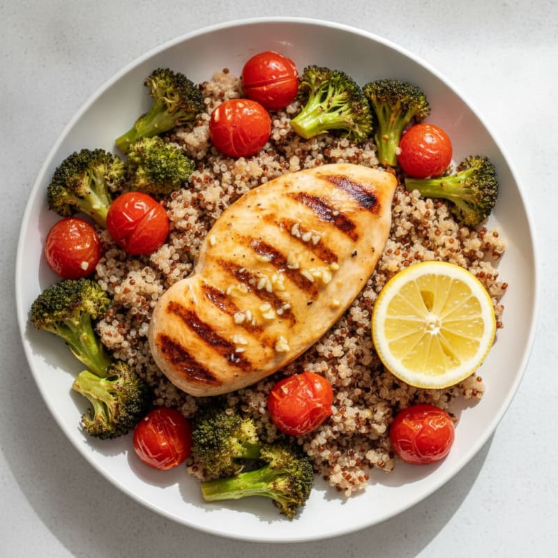 Grilled Chicken Breast with Quinoa, Roasted Broccoli and Cherry Tomatoes