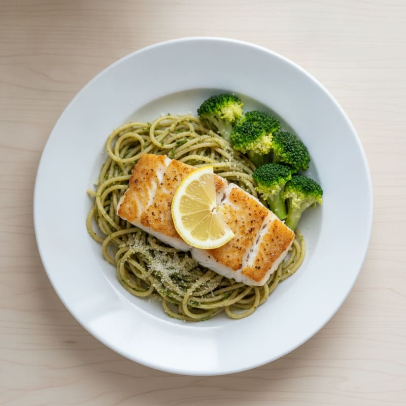 Seared White Fish with Herbed Pasta and Steamed Broccoli