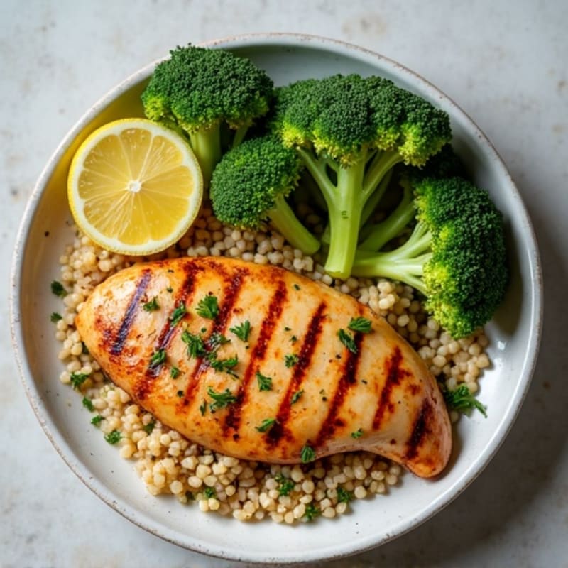 Grilled Lemon-Garlic Chicken Breast with Roasted Broccoli and Quinoa