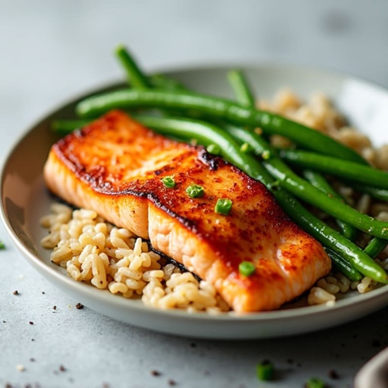 Seared Salmon Fillet with Garlic Green Beans and Steamed Brown Rice