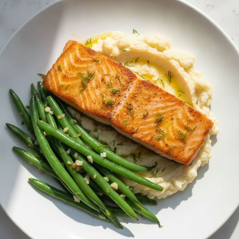 Seared Salmon with Garlic Green Beans and Cauliflower Mash
