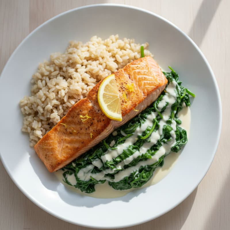 Seared Salmon with Creamy Spinach and Brown Rice