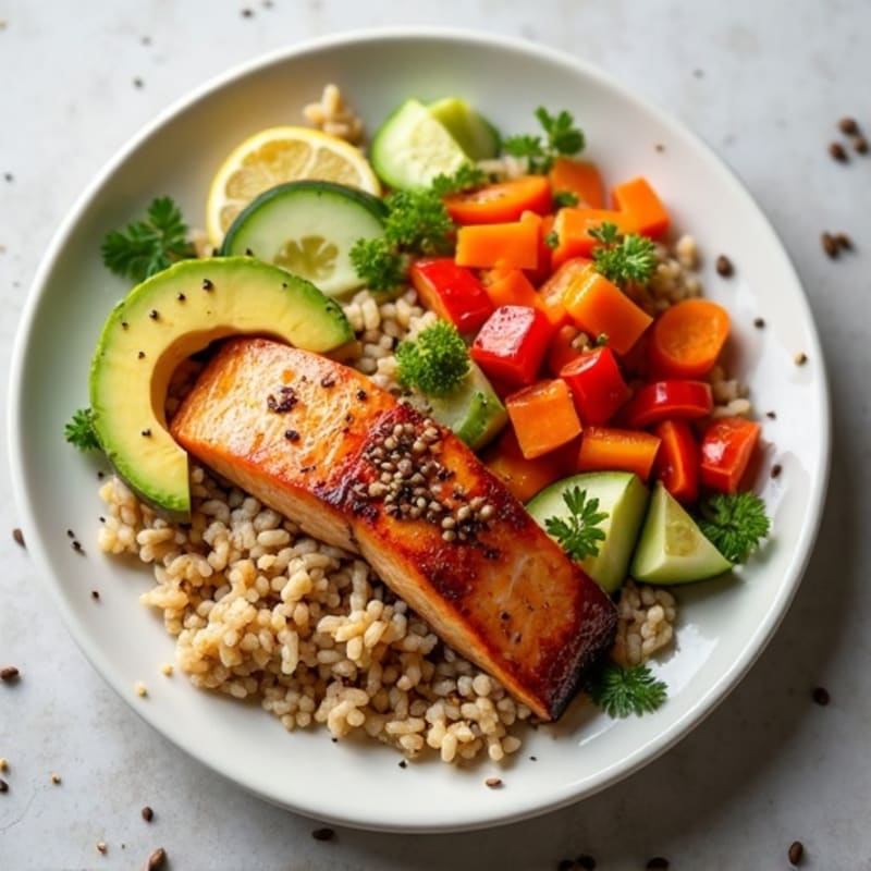 Seared Salmon with Ginger-Sesame Brown Rice, Creamy Avocado, and Crunchy Fresh Vegetables