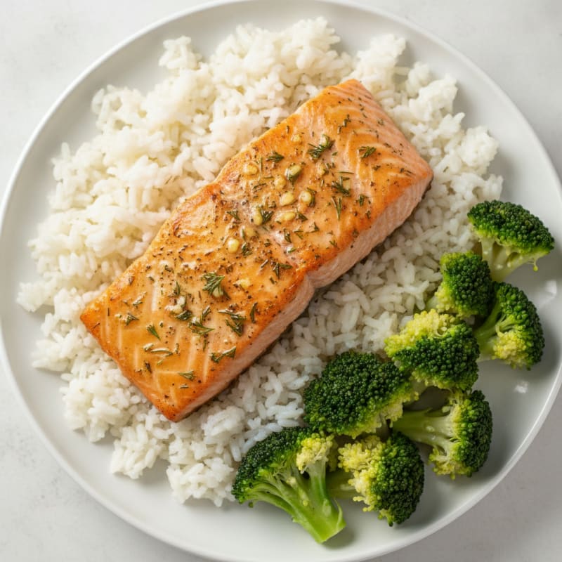 Herb-Roasted Salmon with Steamed Broccoli and White Rice