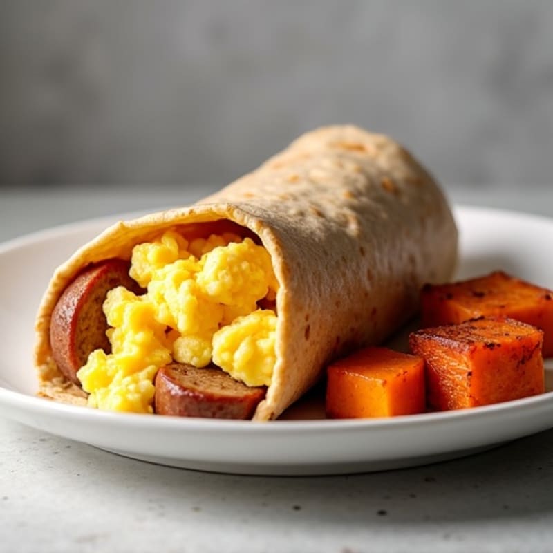 Scrambled Egg and Turkey Sausage Burrito with Crispy Roasted Sweet Potatoes