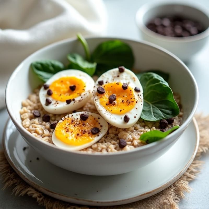 Egg White and Spinach Oatmeal with Dark Chocolate Chip Protein Drizzle
