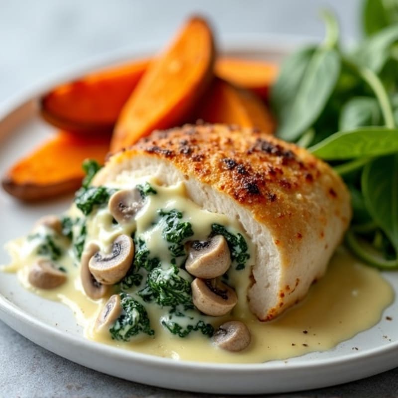 Creamy Spinach and Mushroom Stuffed Chicken with Crispy Sweet Potato Wedges