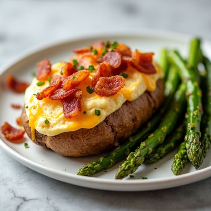 Loaded Baked Potatoes with Lean Bacon, Cheesy Filling, and Roasted Asparagus