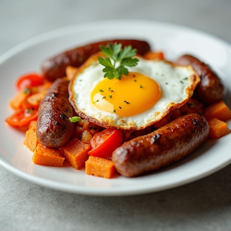 Sweet Potato Hash with Crispy Eggs and Turkey Sausage