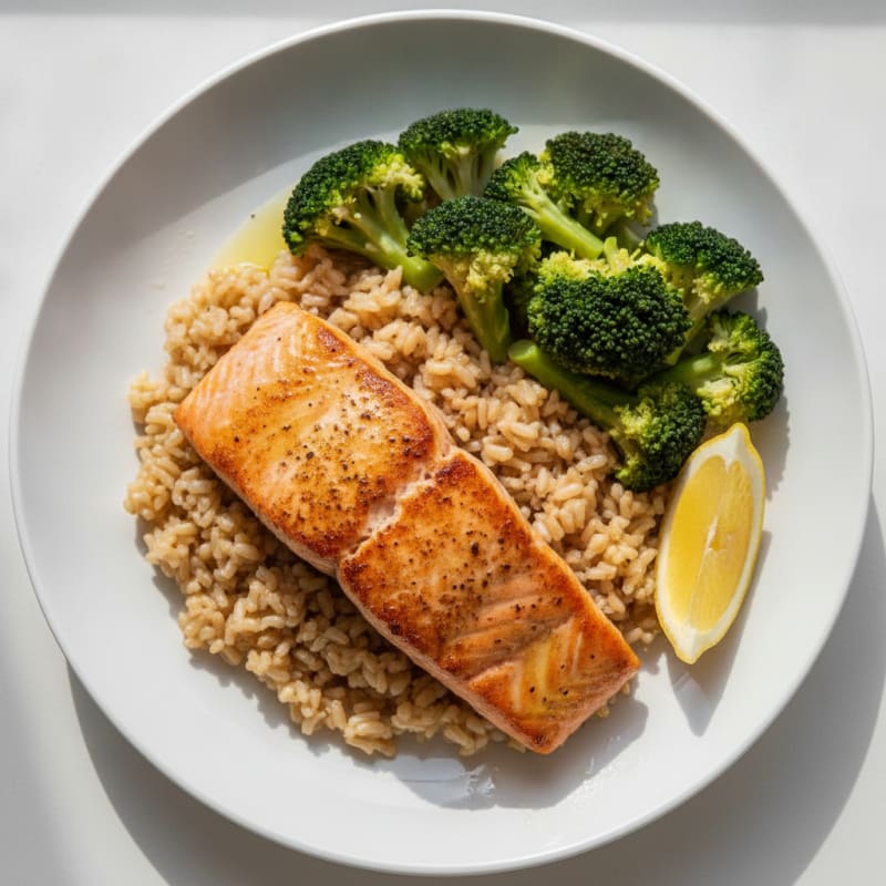 Seared Salmon with Steamed Broccoli and Brown Rice