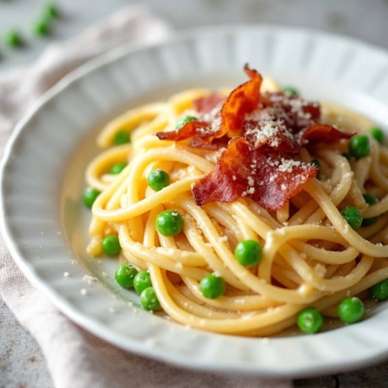 Creamy Carbonara-Style Pasta with Crispy Turkey Bacon and Fresh Peas