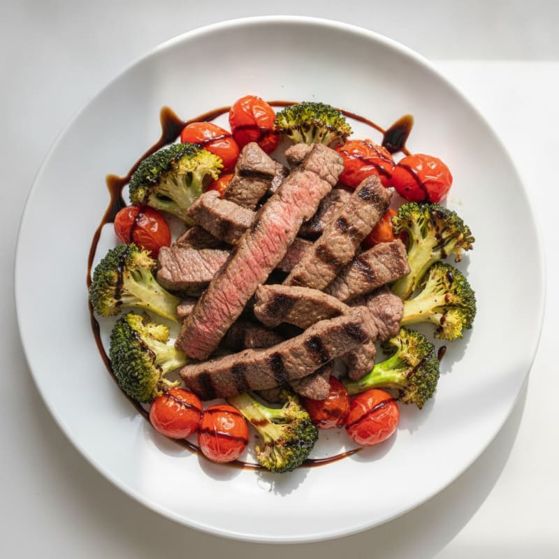 Grilled Beef Sirloin Strips with Roasted Broccoli and Cherry Tomatoes