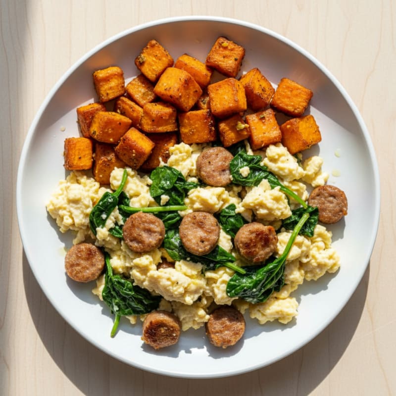 Egg White and Turkey Sausage Scramble with Sautéed Spinach and Sweet Potato