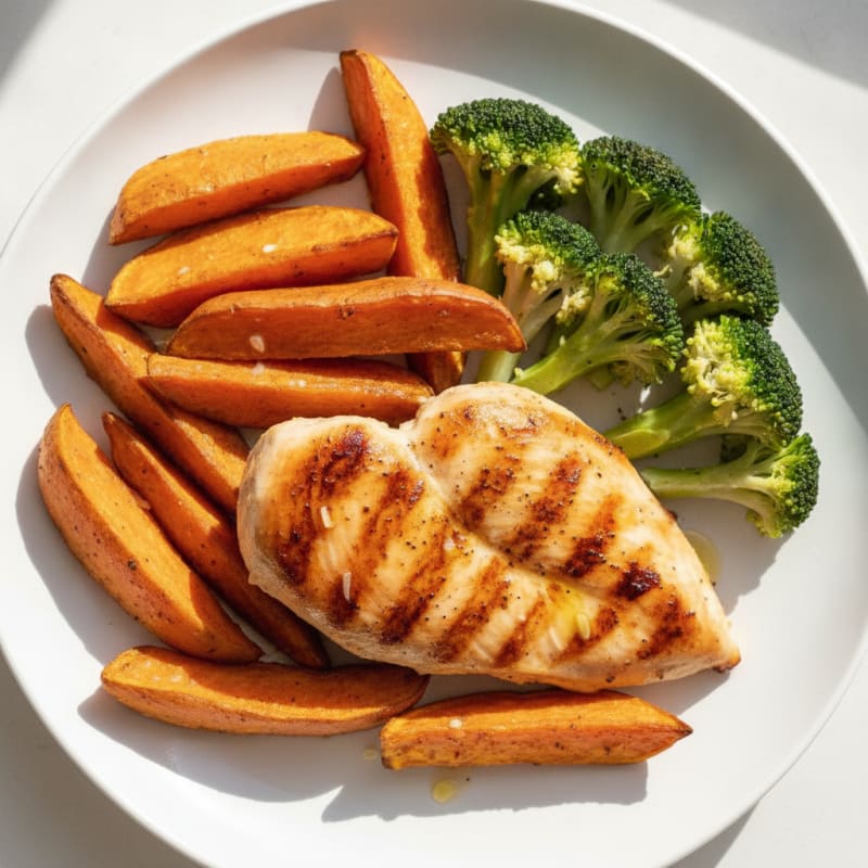Grilled Chicken Breast with Roasted Sweet Potato and Steamed Broccoli