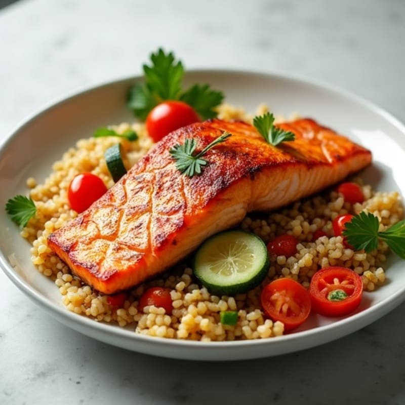 Crispy Pan-Seared Salmon with Ginger-Soy Brown Rice and Fresh Vibrant Veggies