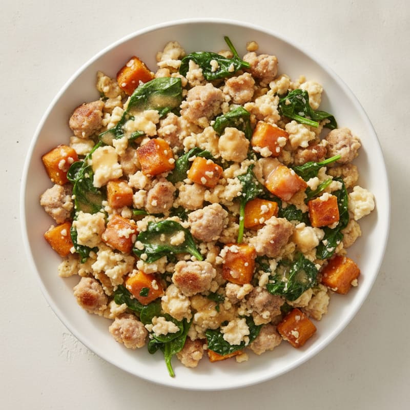 Egg White and Turkey Sausage Scramble with Spinach and Sweet Potato