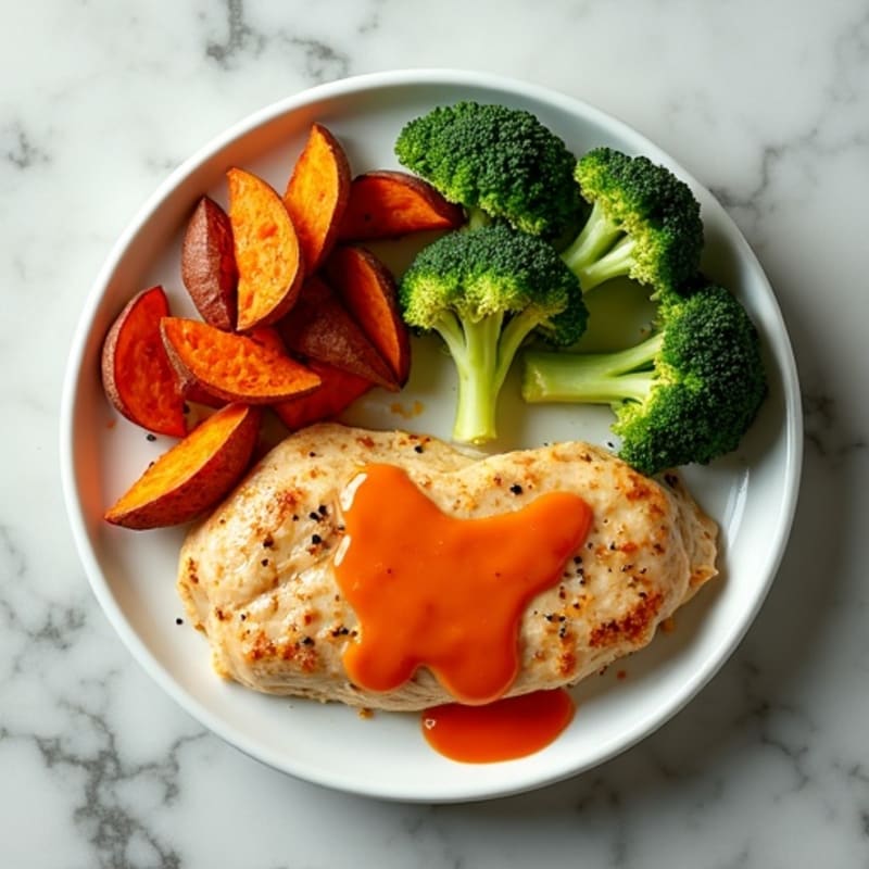 Creamy Buffalo Chicken with Roasted Sweet Potatoes and Broccoli