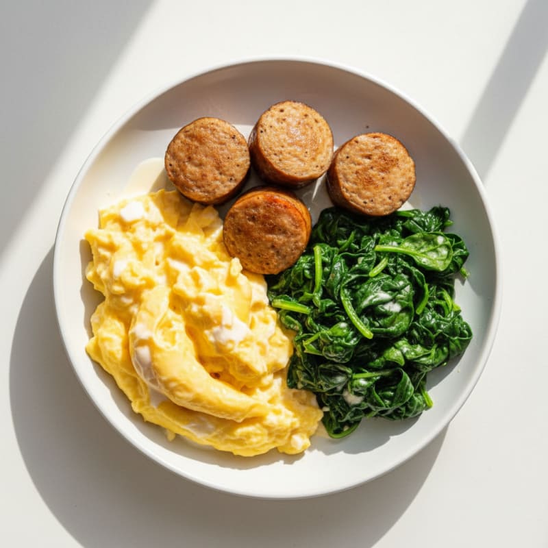 Creamy Scrambled Eggs with Turkey Sausage and Sautéed Spinach