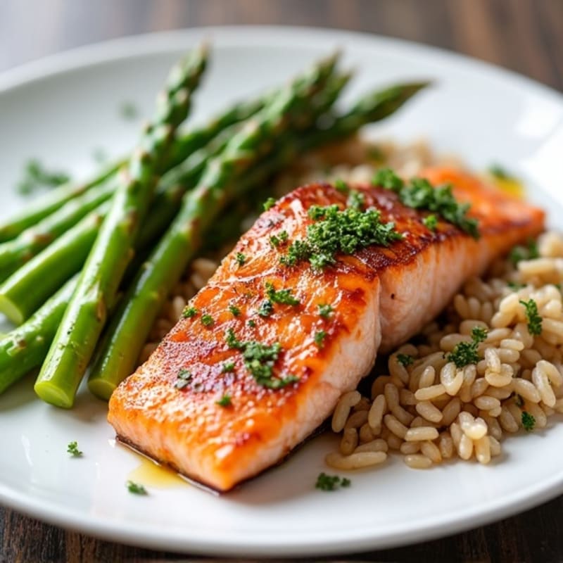 Seared Salmon with Steamed Asparagus and Brown Rice