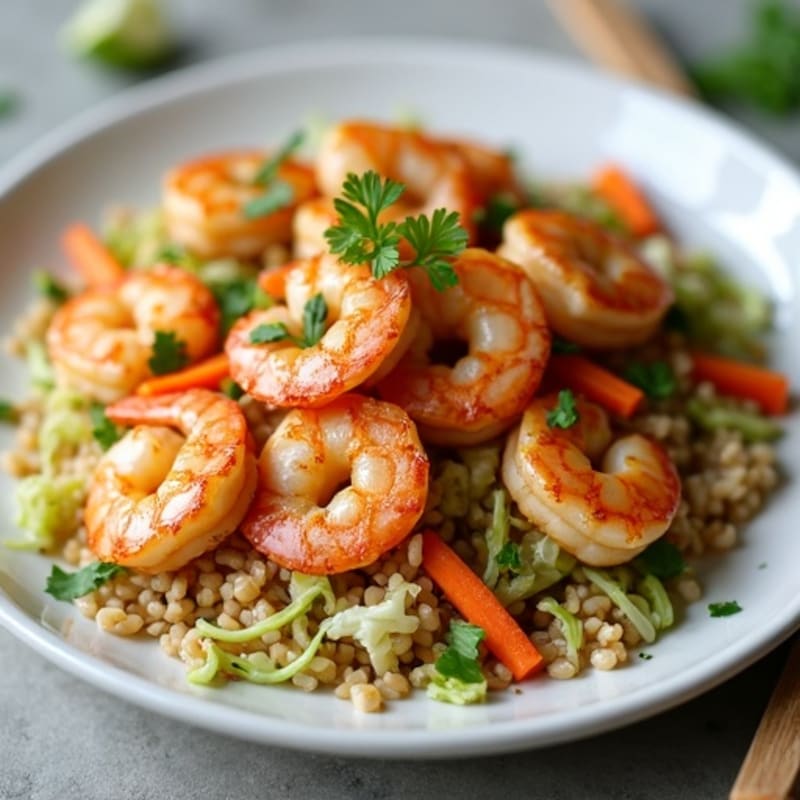 Pan-Seared Shrimp with Creamy Peanut Drizzle, Crunchy Cabbage Slaw, and Brown Rice