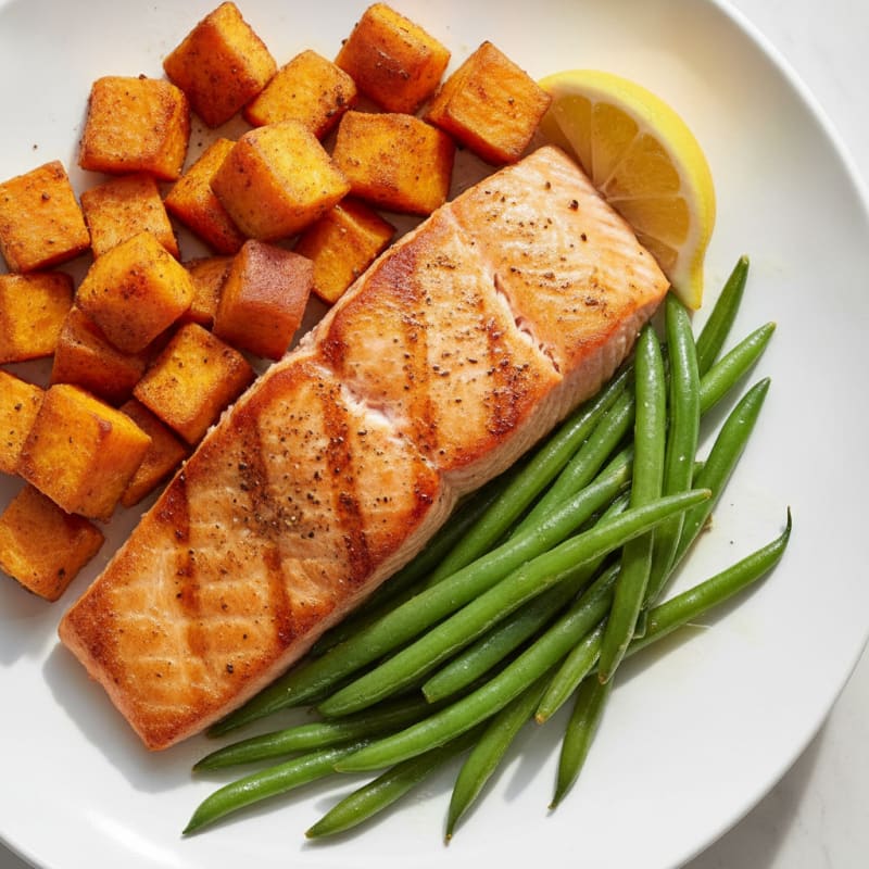 Seared Salmon Fillet with Roasted Sweet Potatoes and Green Beans
