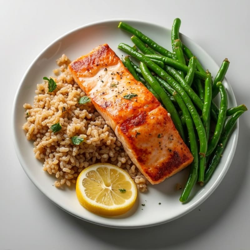 Seared Salmon with Garlic Green Beans and Brown Rice