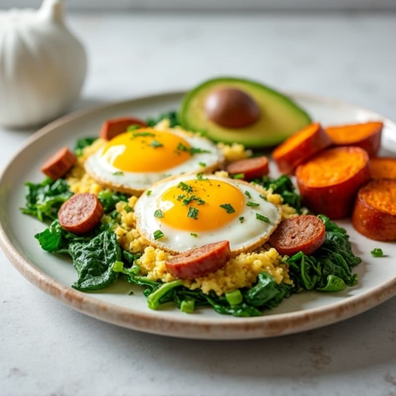Egg White and Turkey Sausage Scramble with Spinach and Roasted Sweet Potatoes