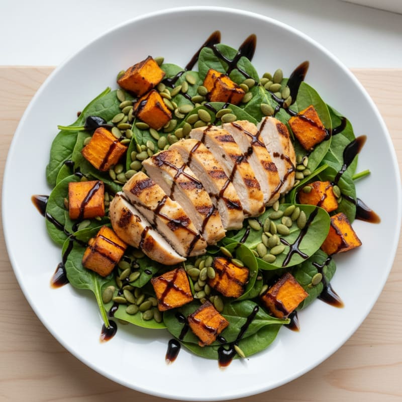 Grilled Chicken Salad with Roasted Sweet Potato and Spinach