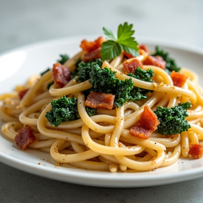 Creamy Whole Wheat Pasta with Crispy Turkey Bacon and Sautéed Greens