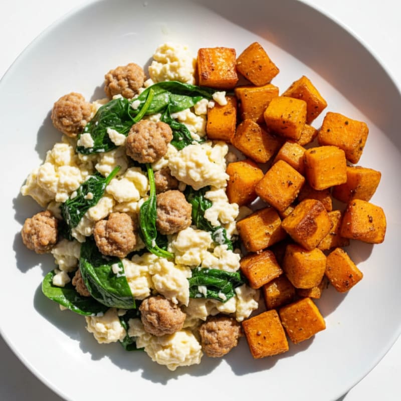 Egg White and Turkey Sausage Scramble with Spinach and Roasted Sweet Potatoes