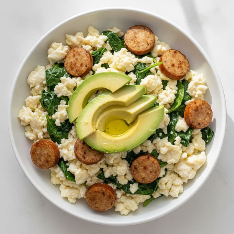 Egg White Scramble with Chicken Sausage and Spinach