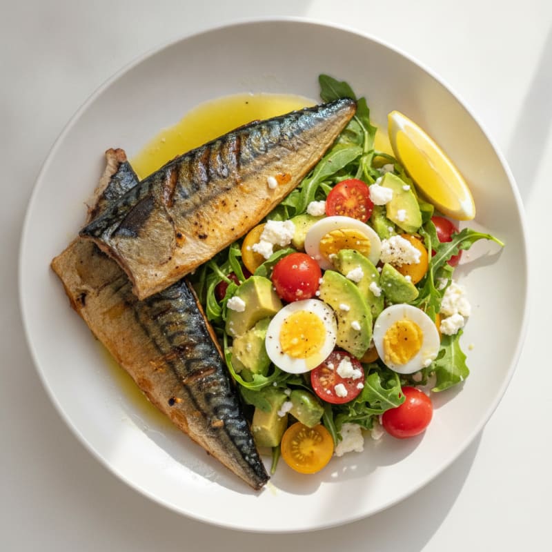 Grilled Mackerel with Creamy Avocado Tomato Salad