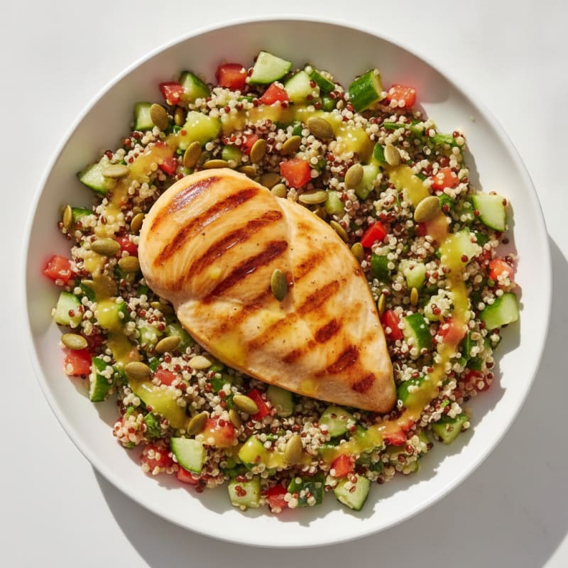 Grilled Chicken Breast with Crunchy Quinoa Salad and Lemon Vinaigrette
