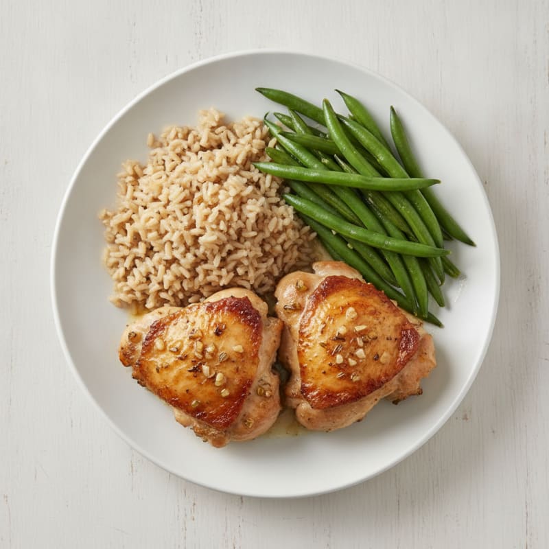 Seared Chicken Thighs with Steamed Green Beans and Brown Rice